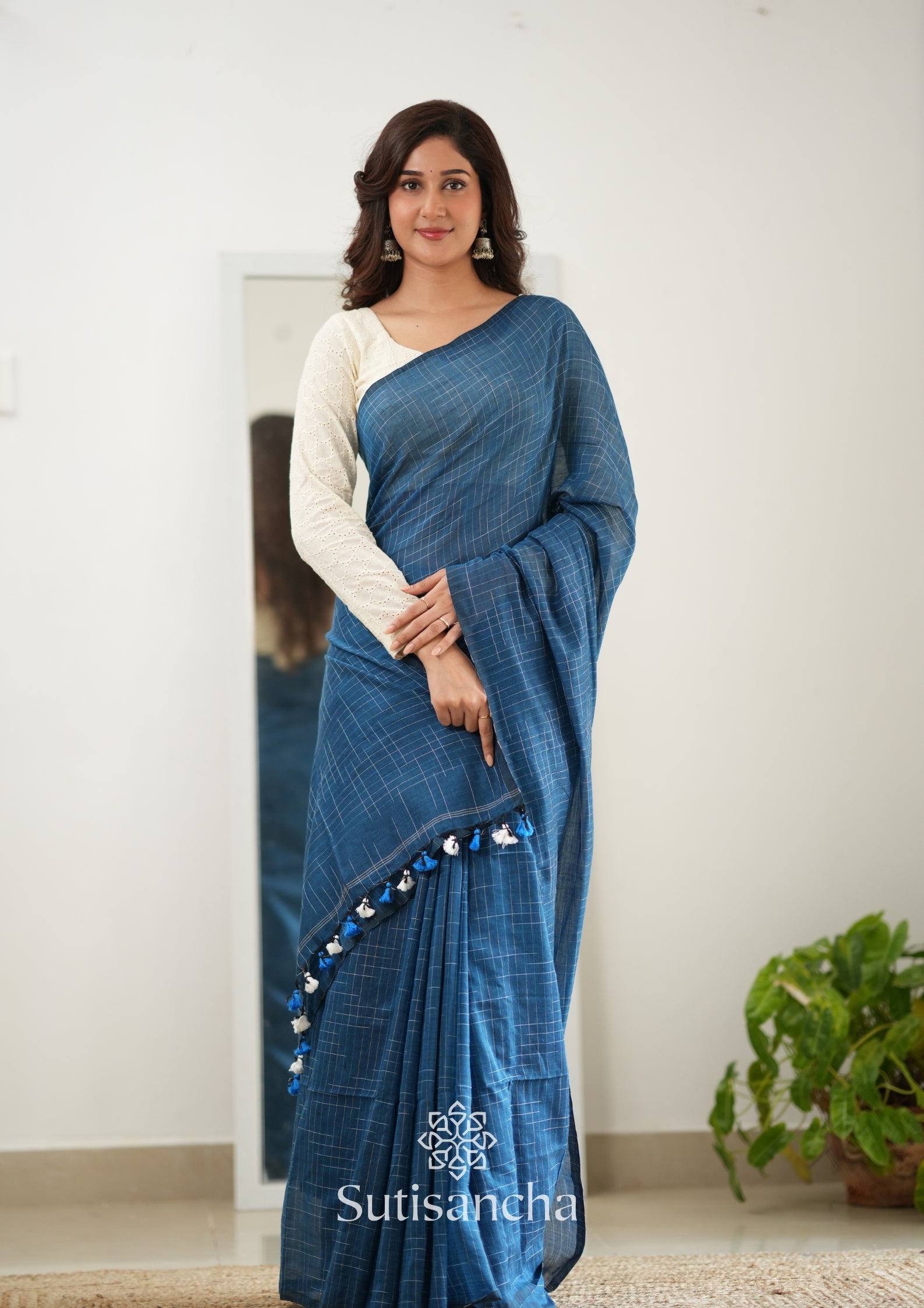 Sutisancha Azure Blue Cotton Saree with Trendy Kotki Checks Design