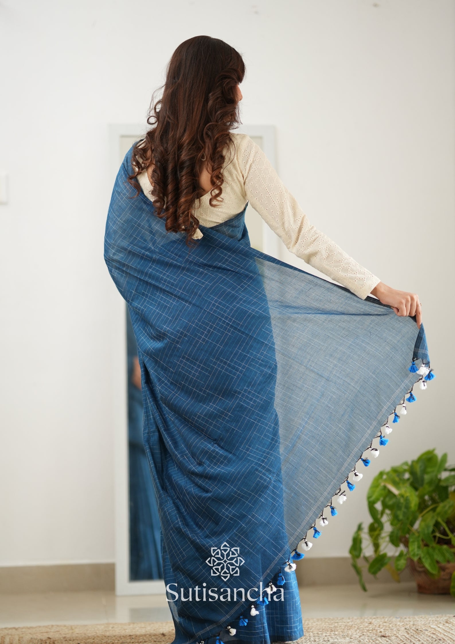 Sutisancha Azure Blue Cotton Saree with Trendy Kotki Checks Design