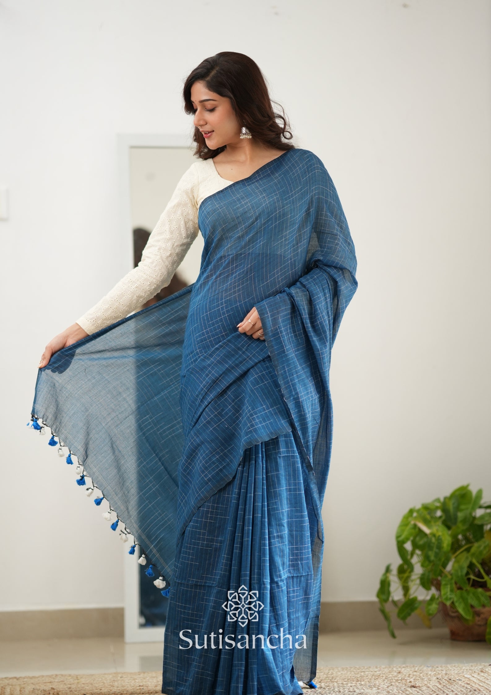 Sutisancha Azure Blue Cotton Saree with Trendy Kotki Checks Design