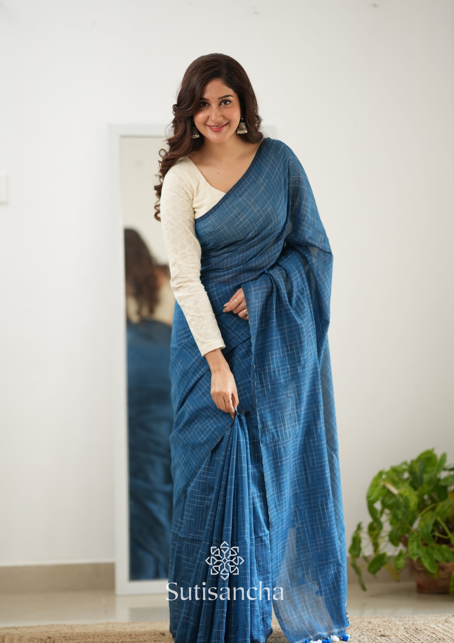 Sutisancha Azure Blue Cotton Saree with Trendy Kotki Checks Design