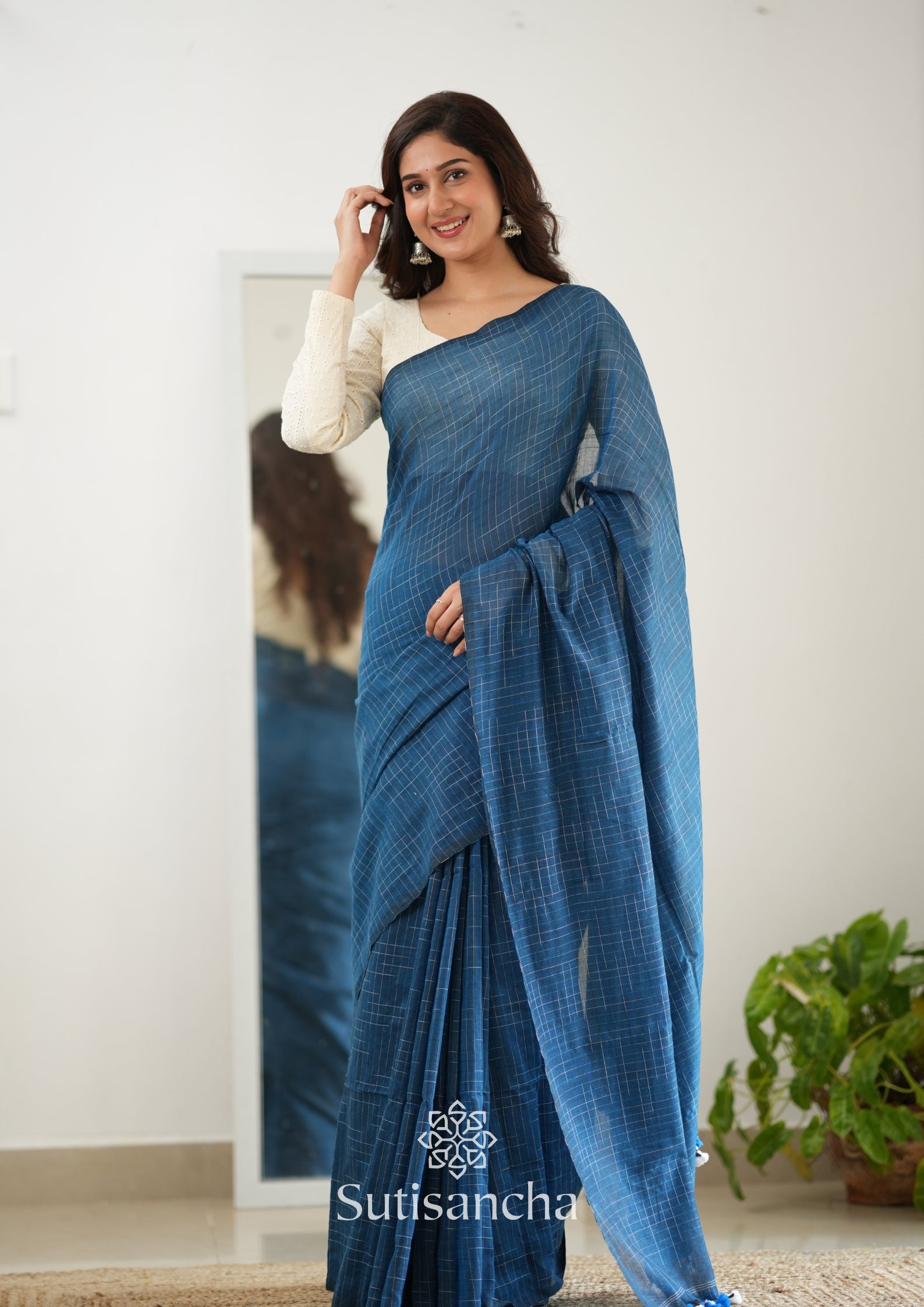 Sutisancha Azure Blue Cotton Saree with Trendy Kotki Checks Design