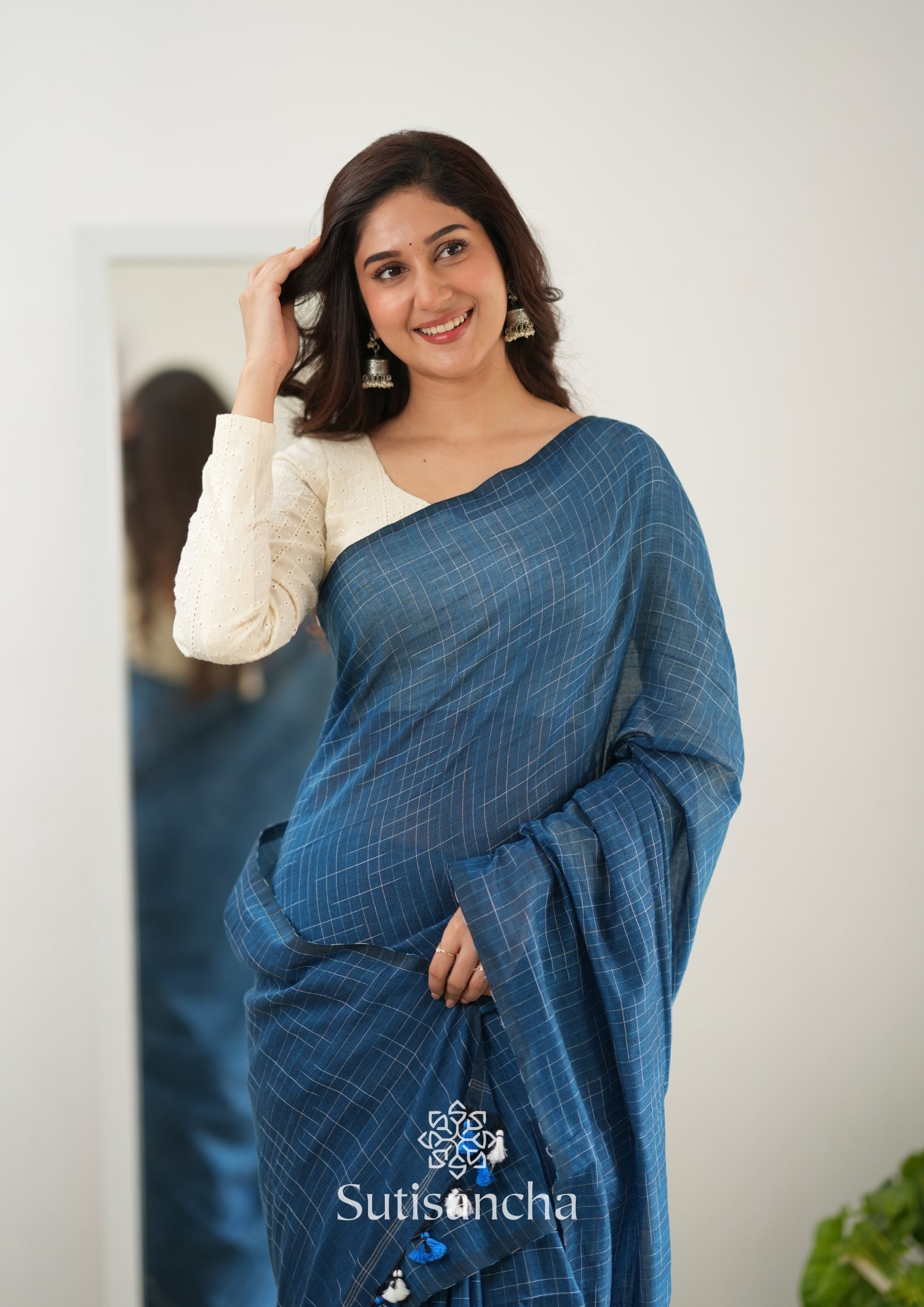 Sutisancha Azure Blue Cotton Saree with Trendy Kotki Checks Design