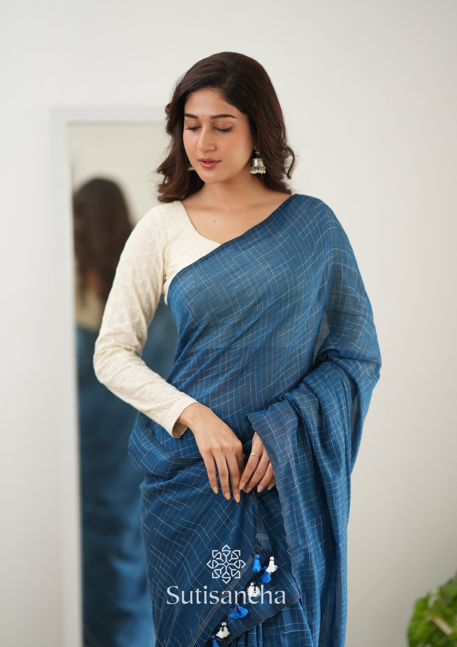 Sutisancha Azure Blue Cotton Saree with Trendy Kotki Checks Design