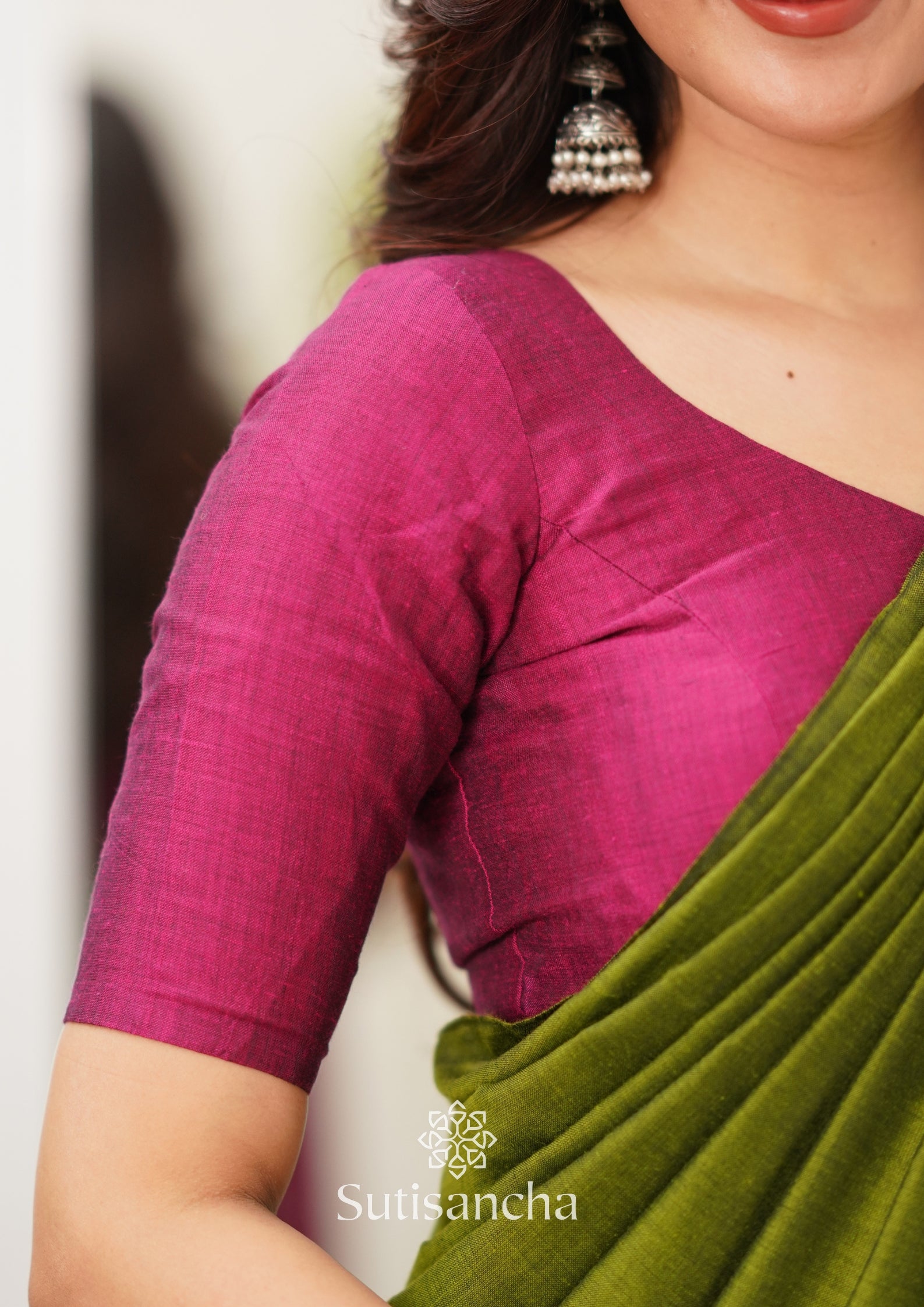 Sutisancha Pink & Mehndi Handloom Cotton Saree