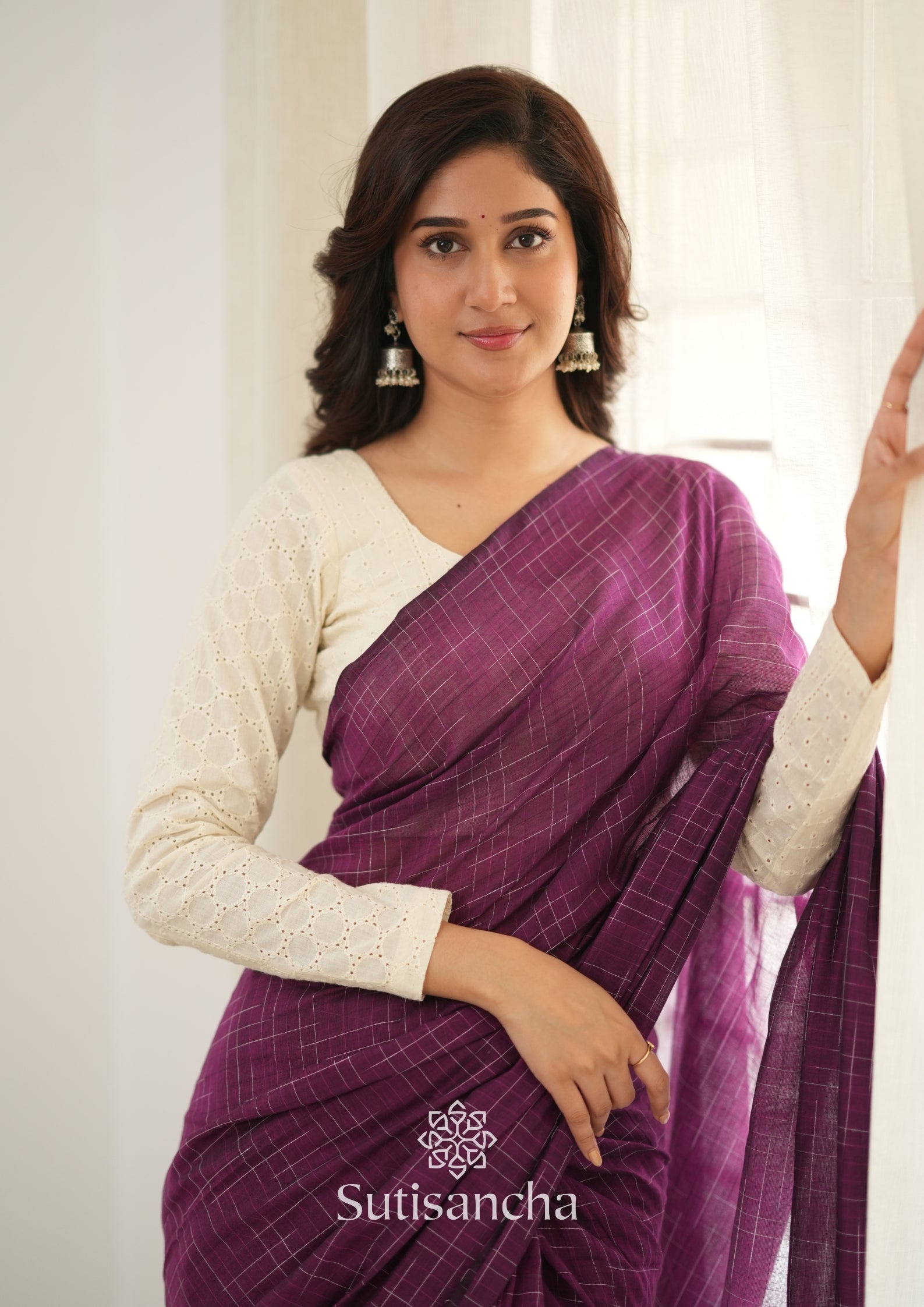 Sutisancha Magenta Handloom Cotton Saree with Trendy Kotki Checks Design