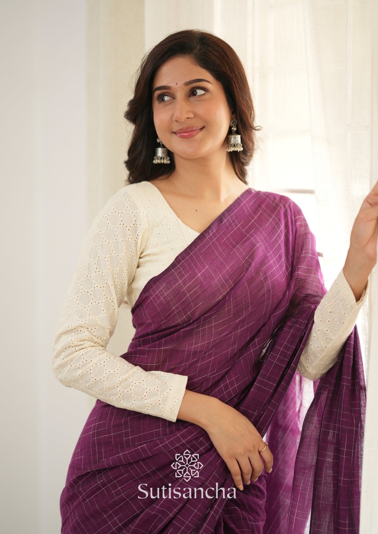 Sutisancha Magenta Handloom Cotton Saree with Trendy Kotki Checks Design