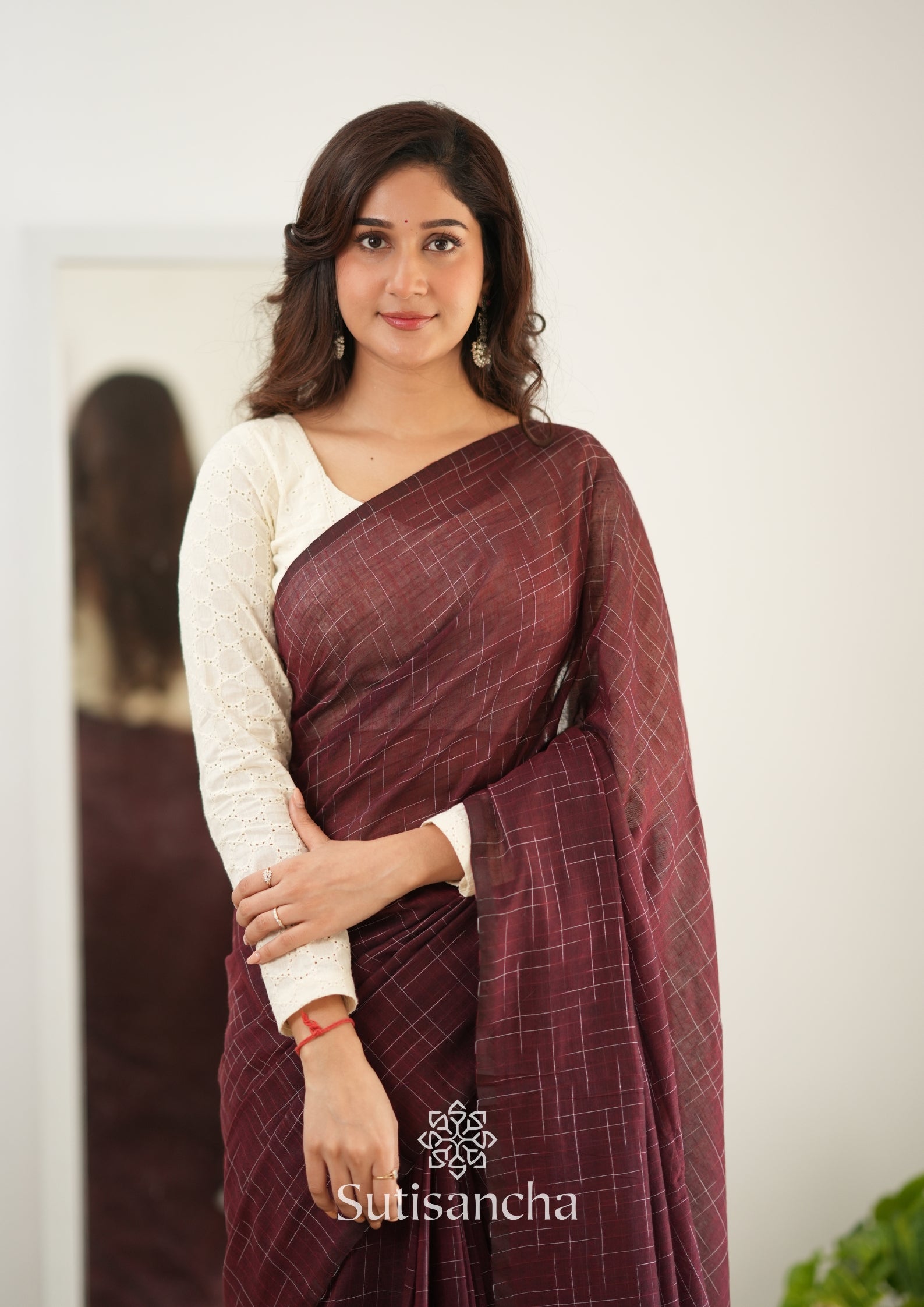 Sutisancha Maroon Handloom Cotton Saree with Trendy Kotki Checks Design