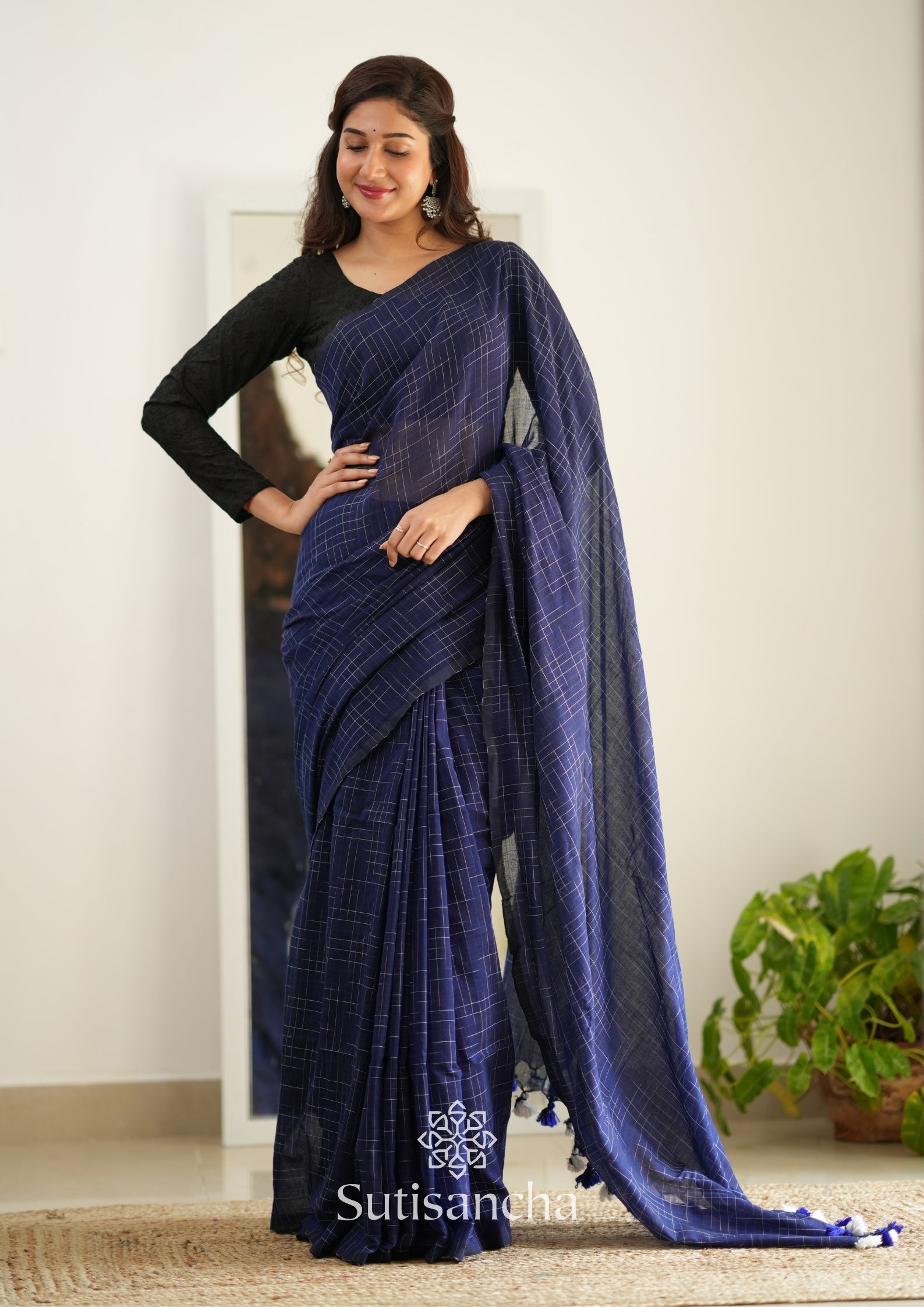 Sutisancha Blue Cotton Saree with Trendy Kotki Checks Design