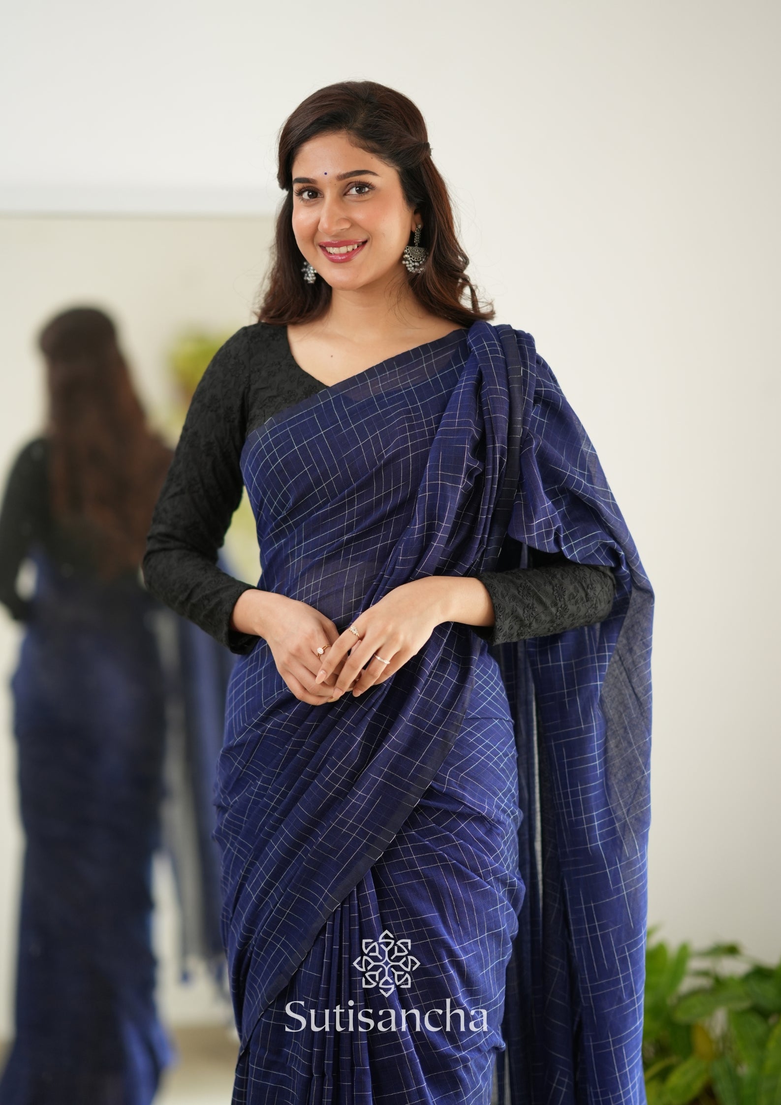 Sutisancha Blue Cotton Saree with Trendy Kotki Checks Design