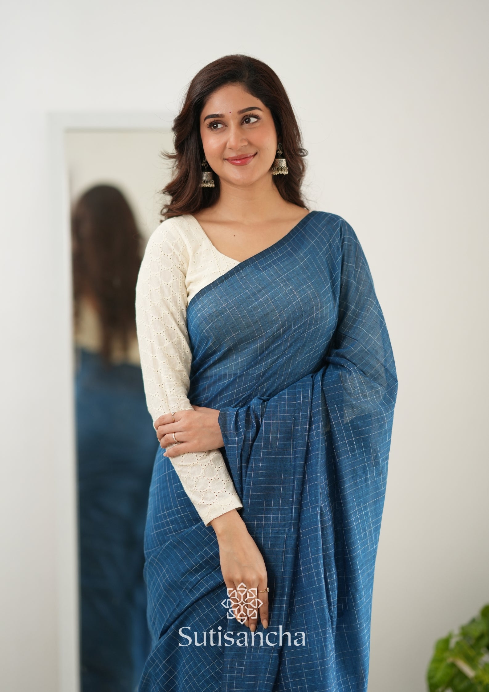 Sutisancha Azure Blue Cotton Saree with Trendy Kotki Checks Design