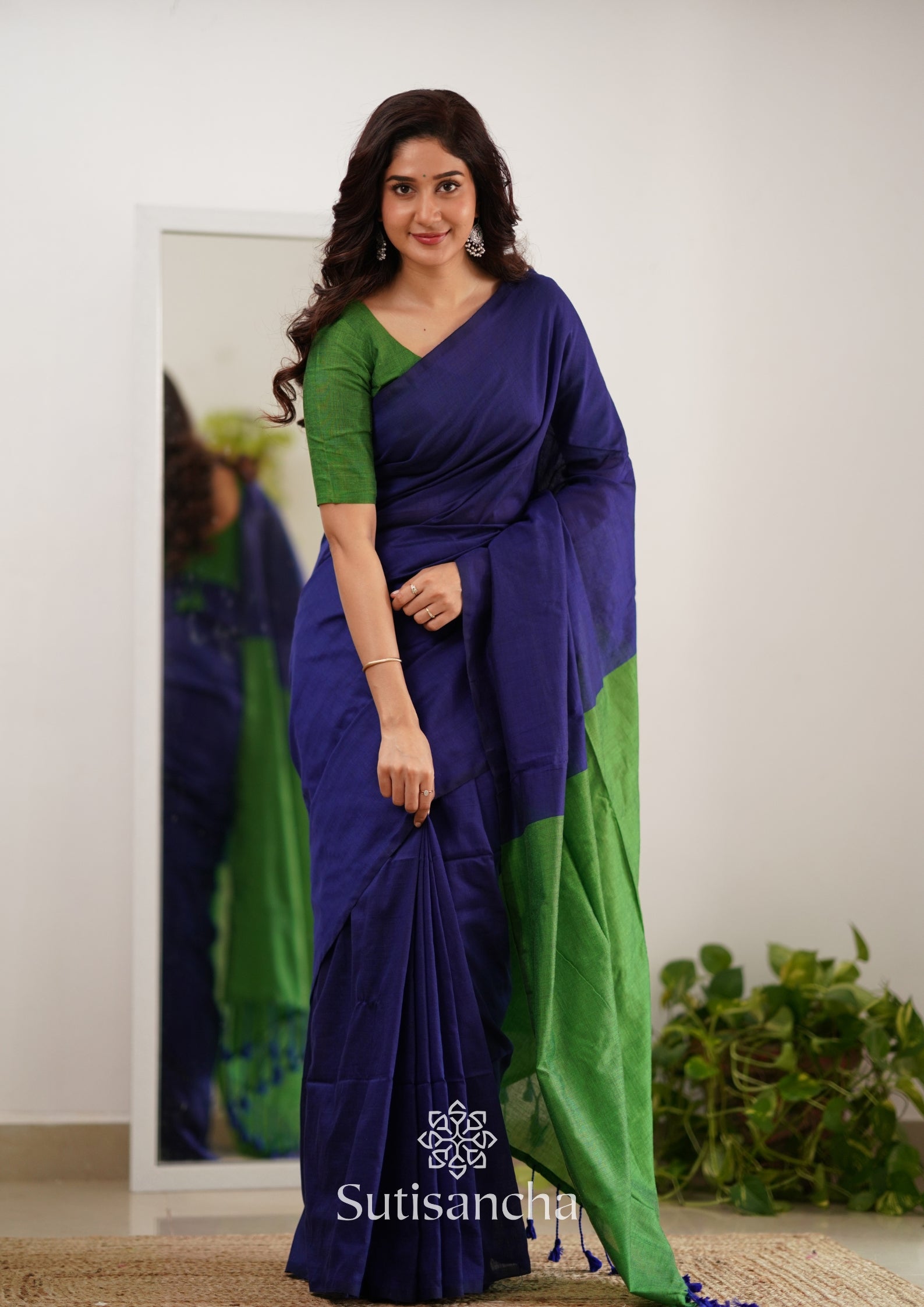 Sutisancha Parrot & Blue Handloom Cotton Saree