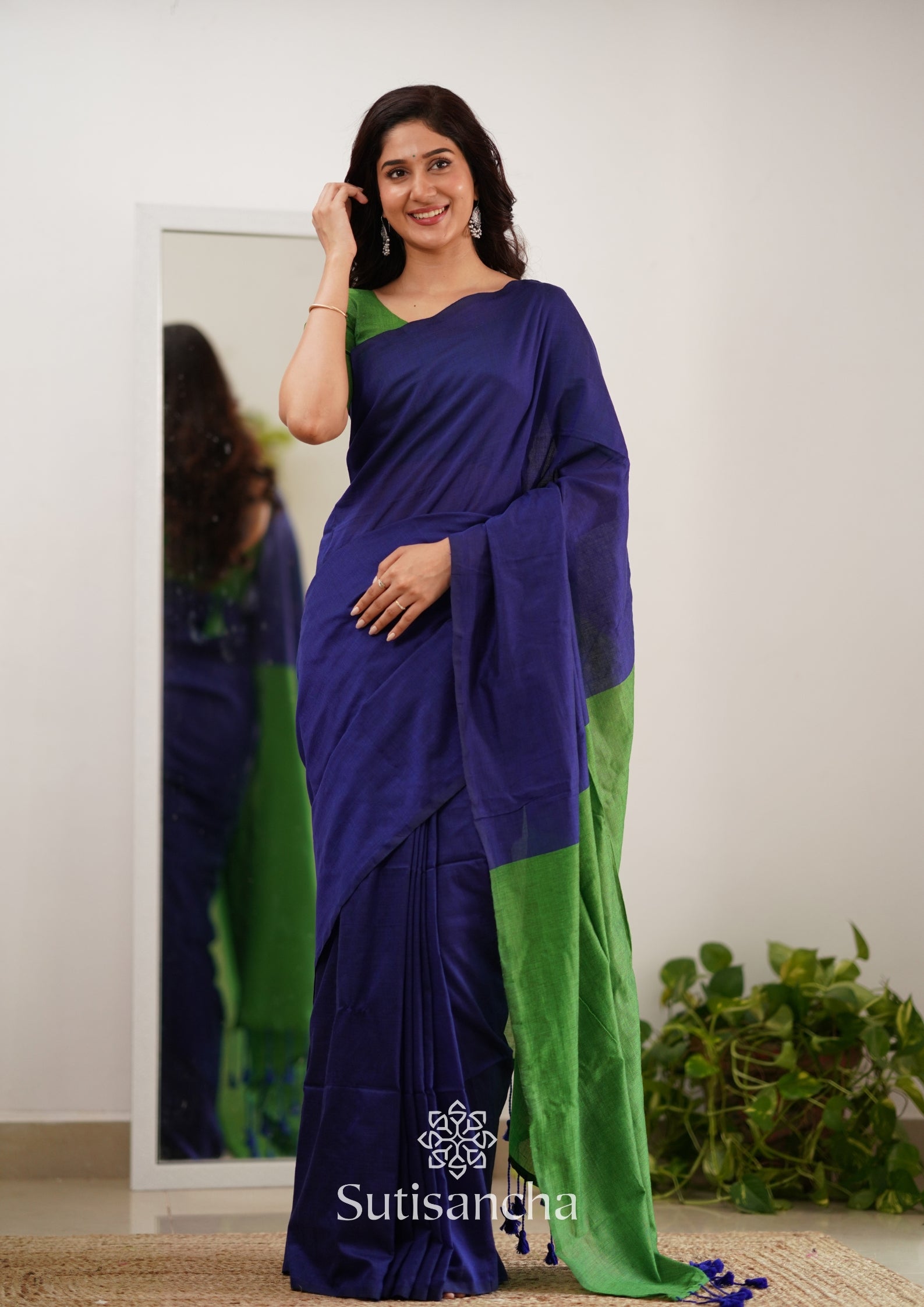 Sutisancha Parrot & Blue Handloom Cotton Saree