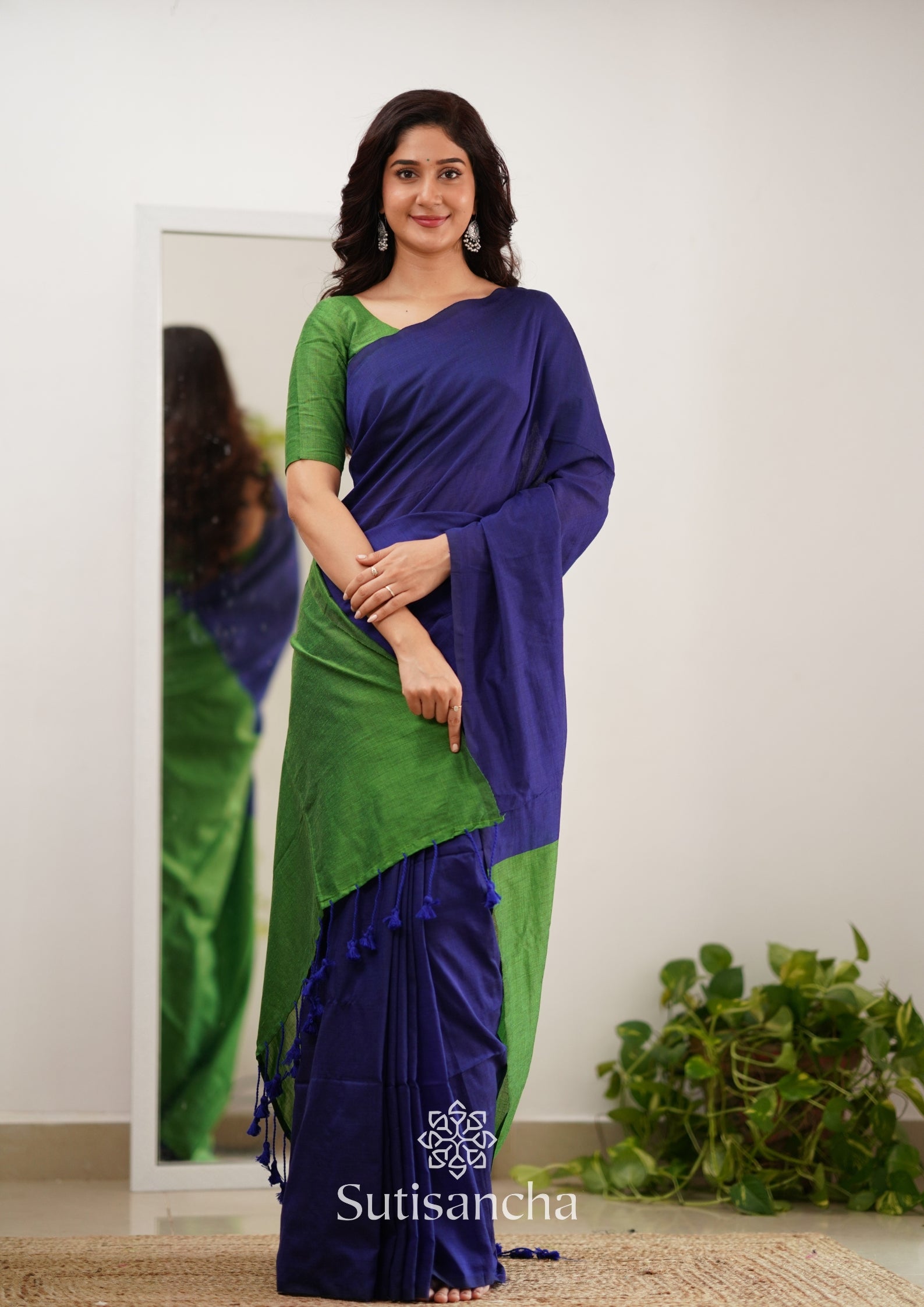 Sutisancha Parrot & Blue Handloom Cotton Saree