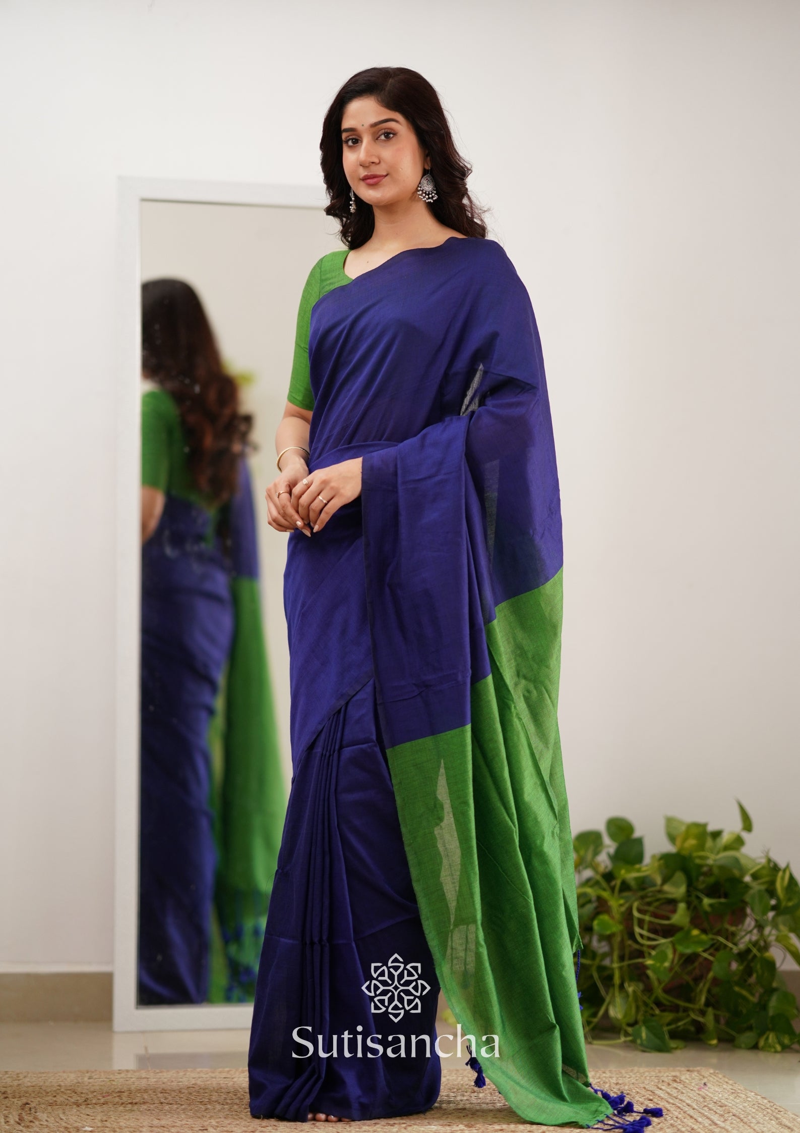 Sutisancha Parrot & Blue Handloom Cotton Saree