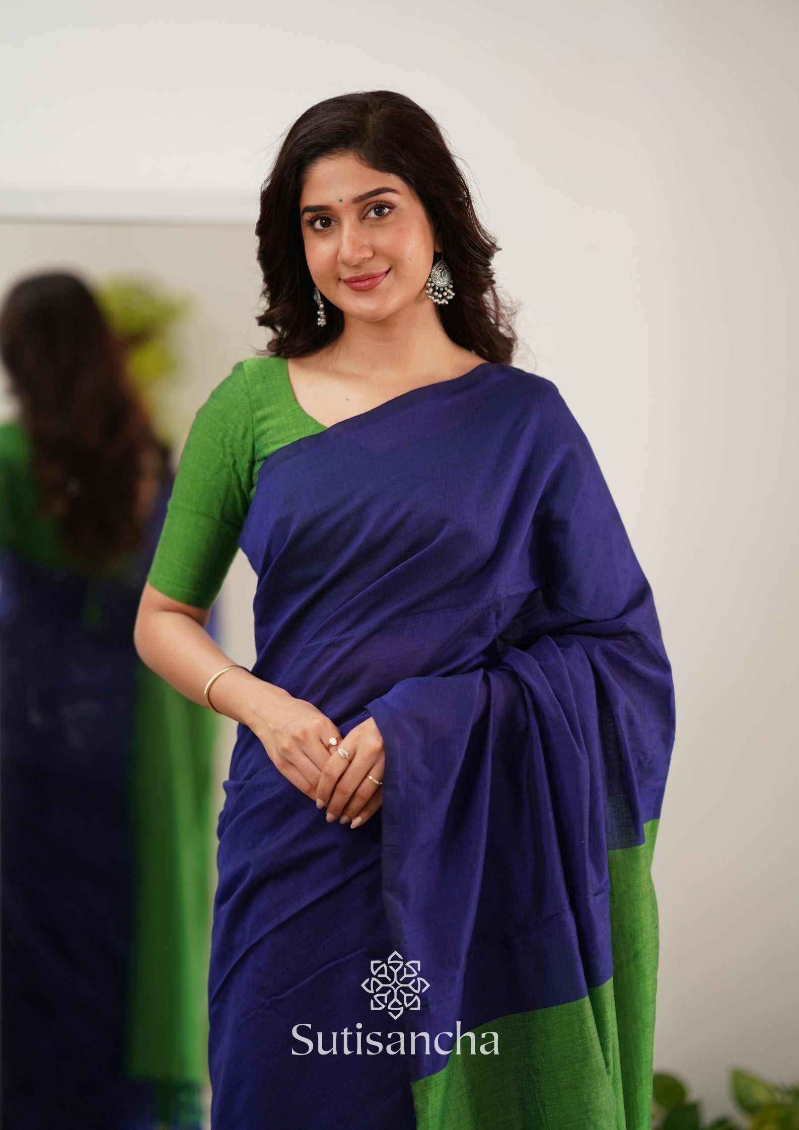 Sutisancha Parrot & Blue Handloom Cotton Saree