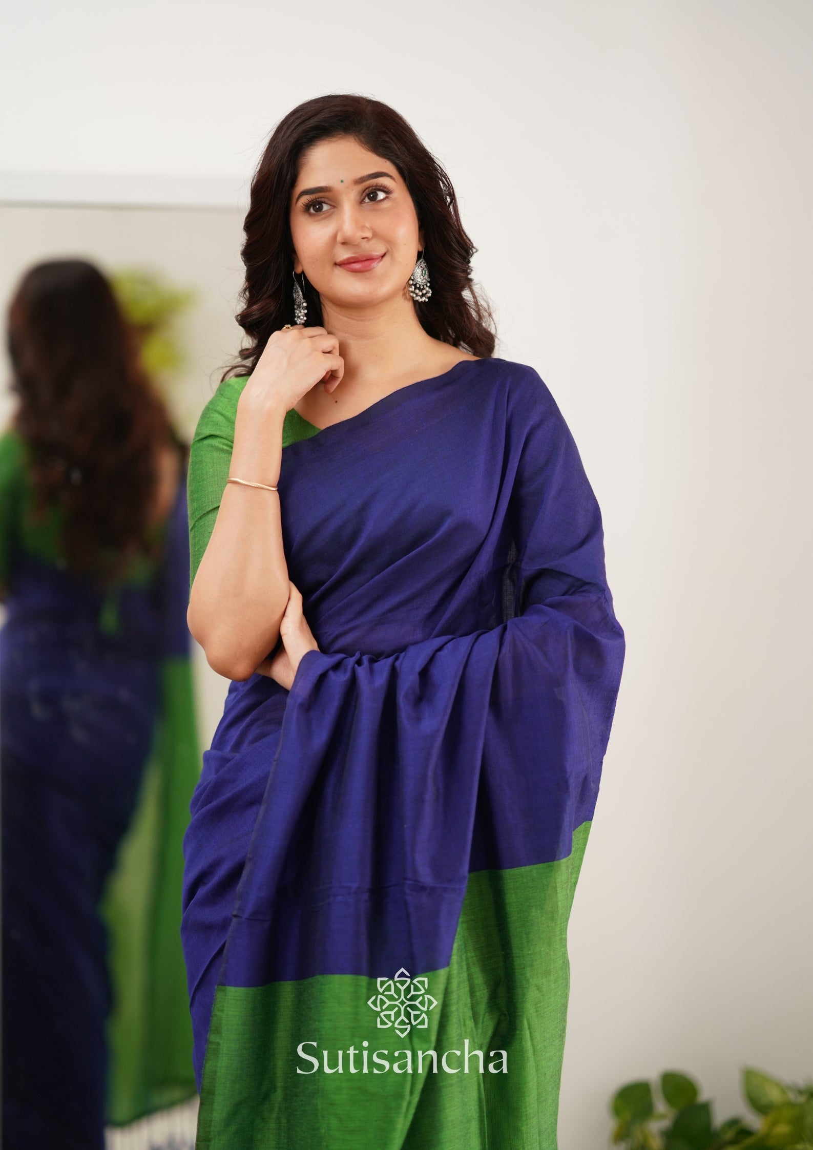 Sutisancha Parrot & Blue Handloom Cotton Saree