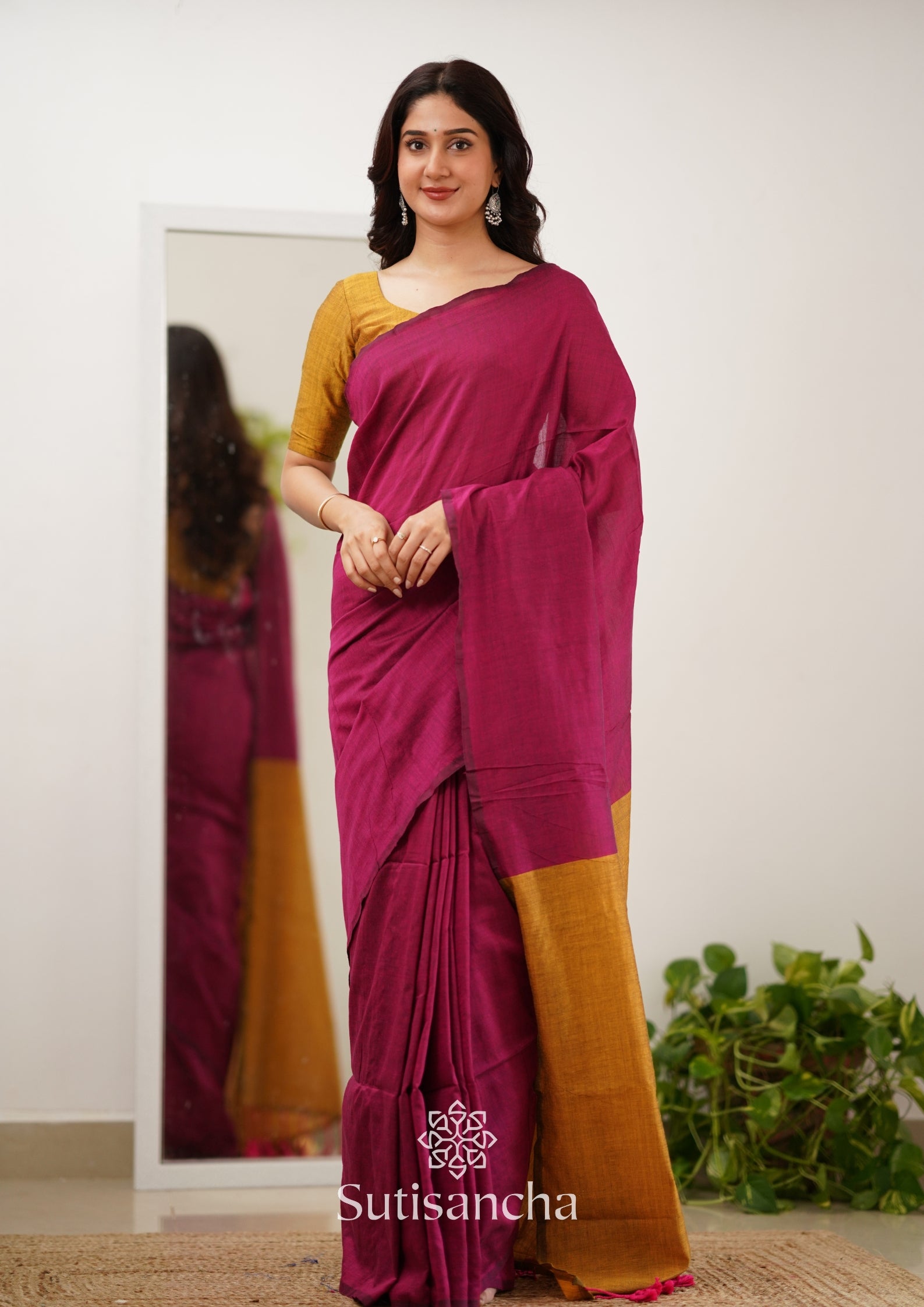 Sutisancha Pink & Mustard Handloom Cotton Saree