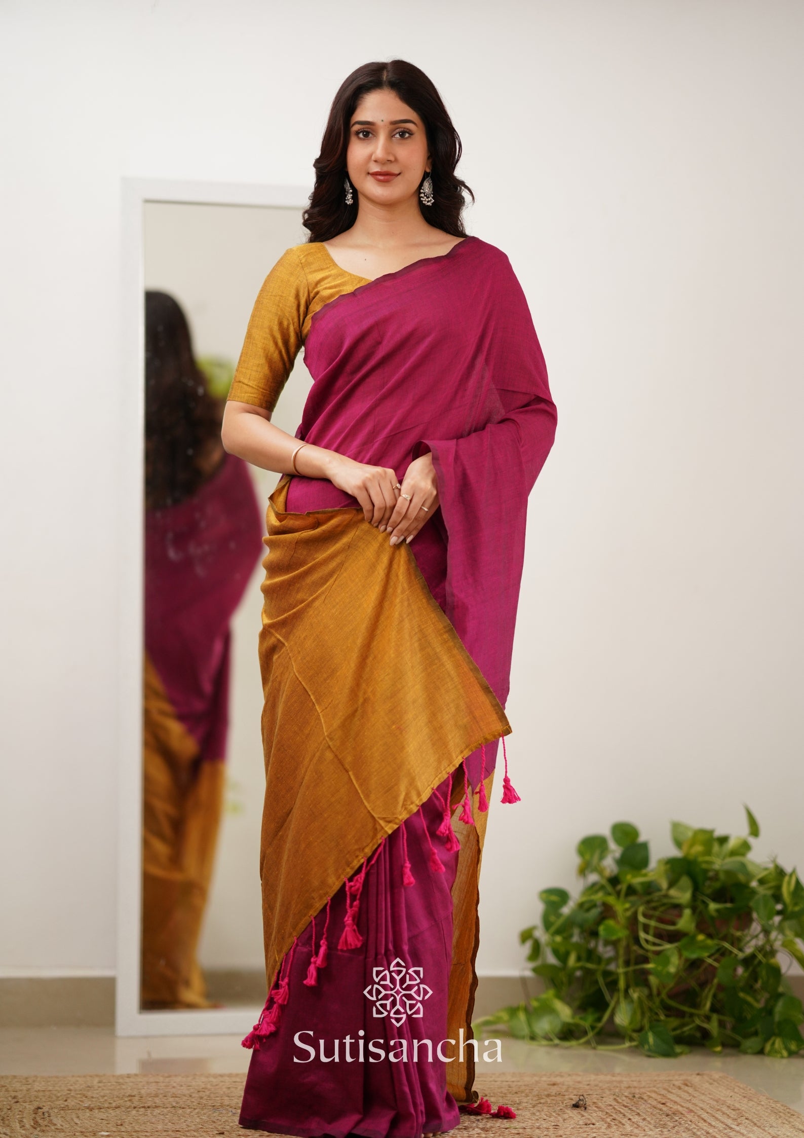 Sutisancha Pink & Mustard Handloom Cotton Saree