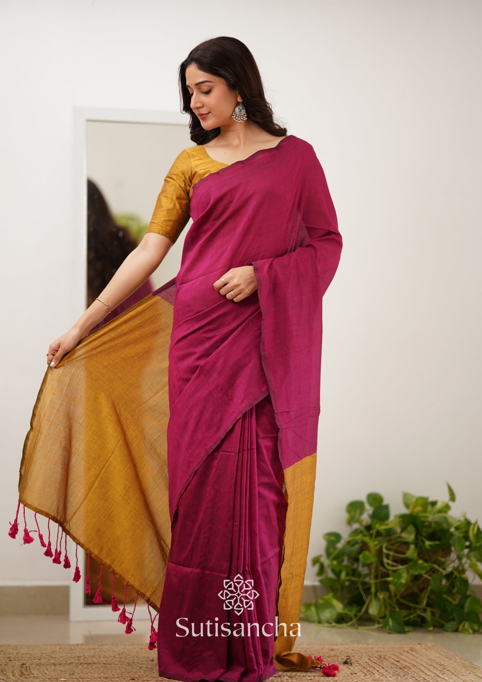 Sutisancha Pink & Mustard Handloom Cotton Saree