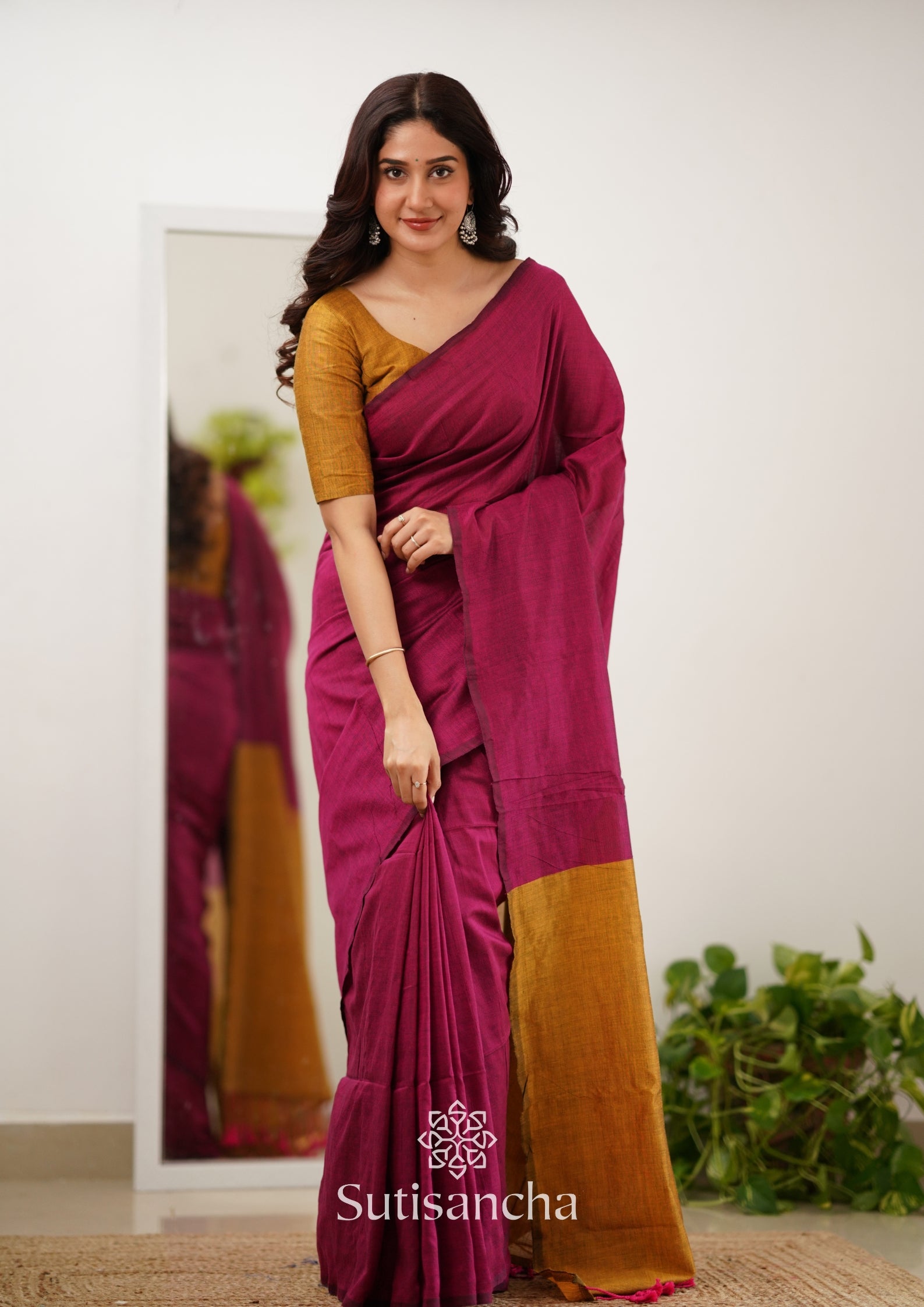 Sutisancha Pink & Mustard Handloom Cotton Saree