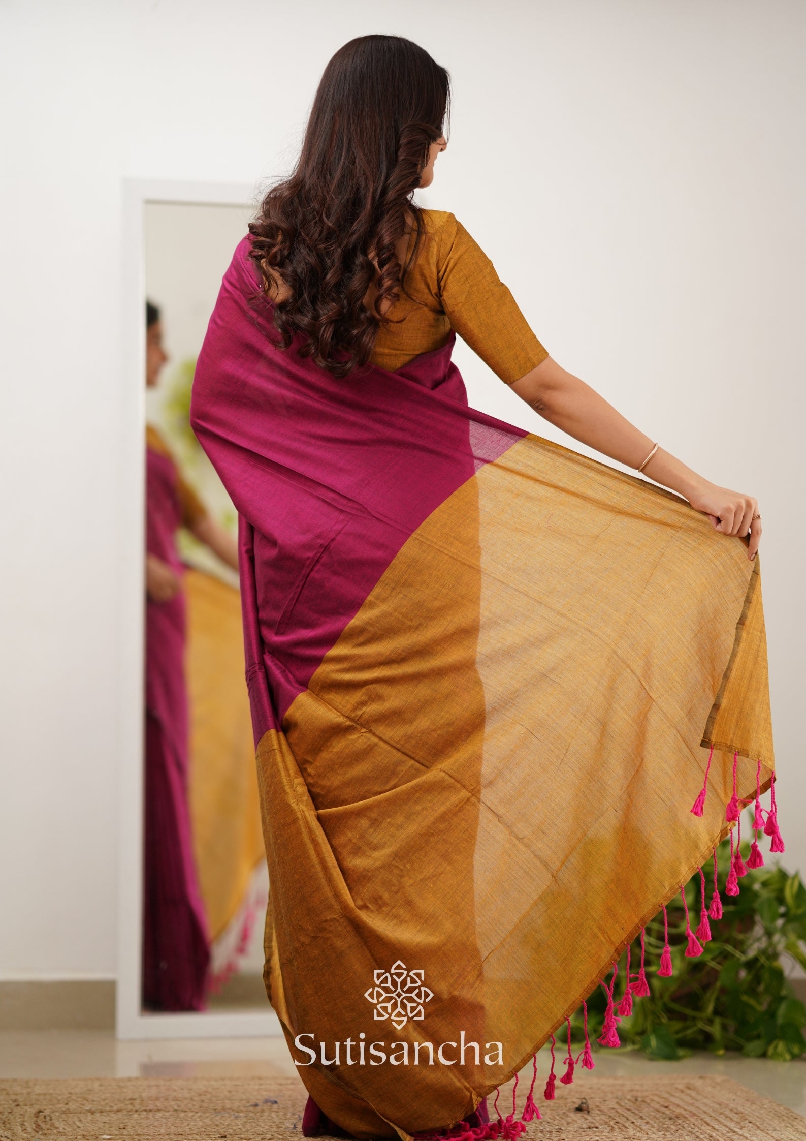 Sutisancha Pink & Mustard Handloom Cotton Saree