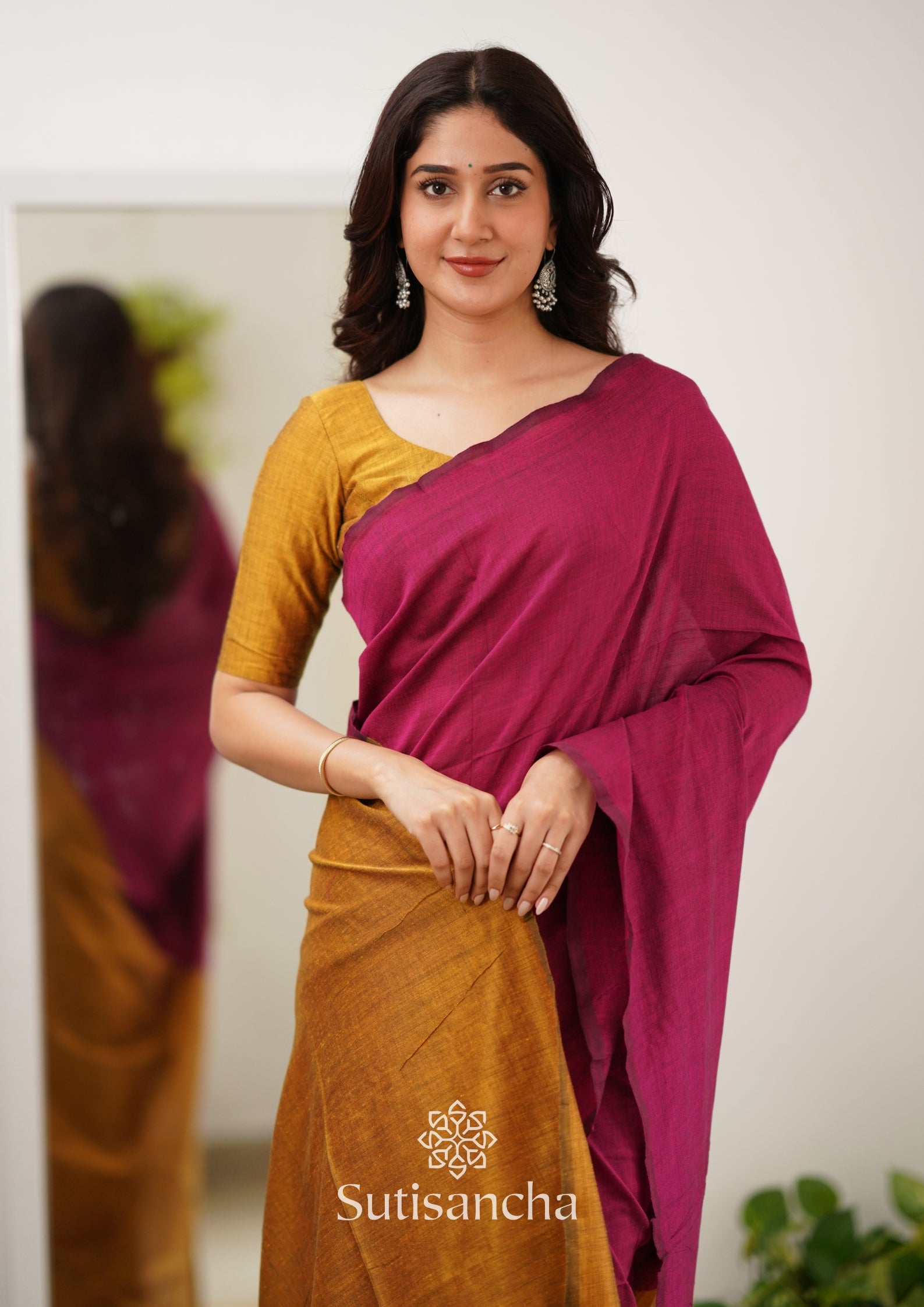 Sutisancha Pink & Mustard Handloom Cotton Saree