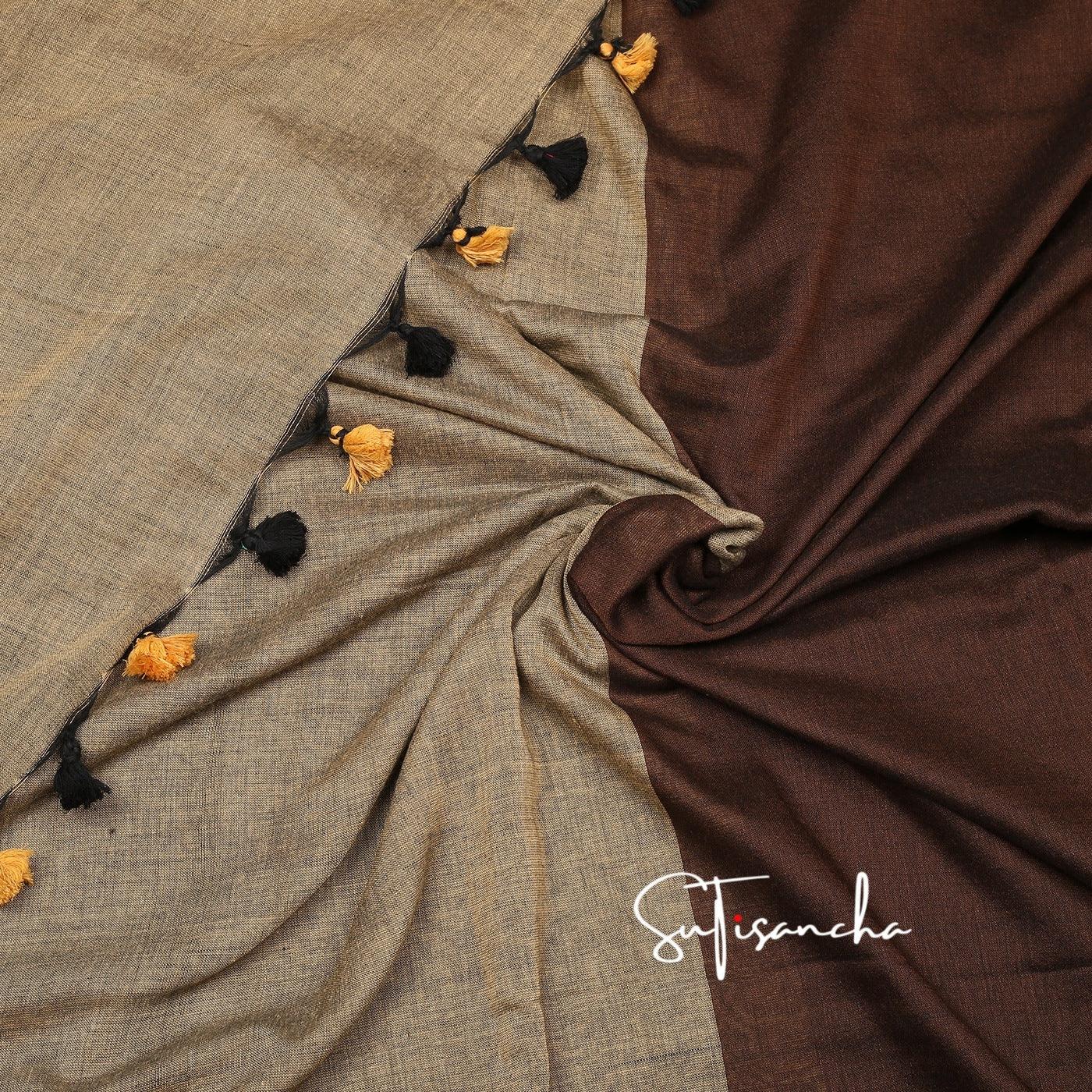 Sutisancha Brown Hand Woven Pure Khadi Dual Colour PomPom Saree - Suti Sancha