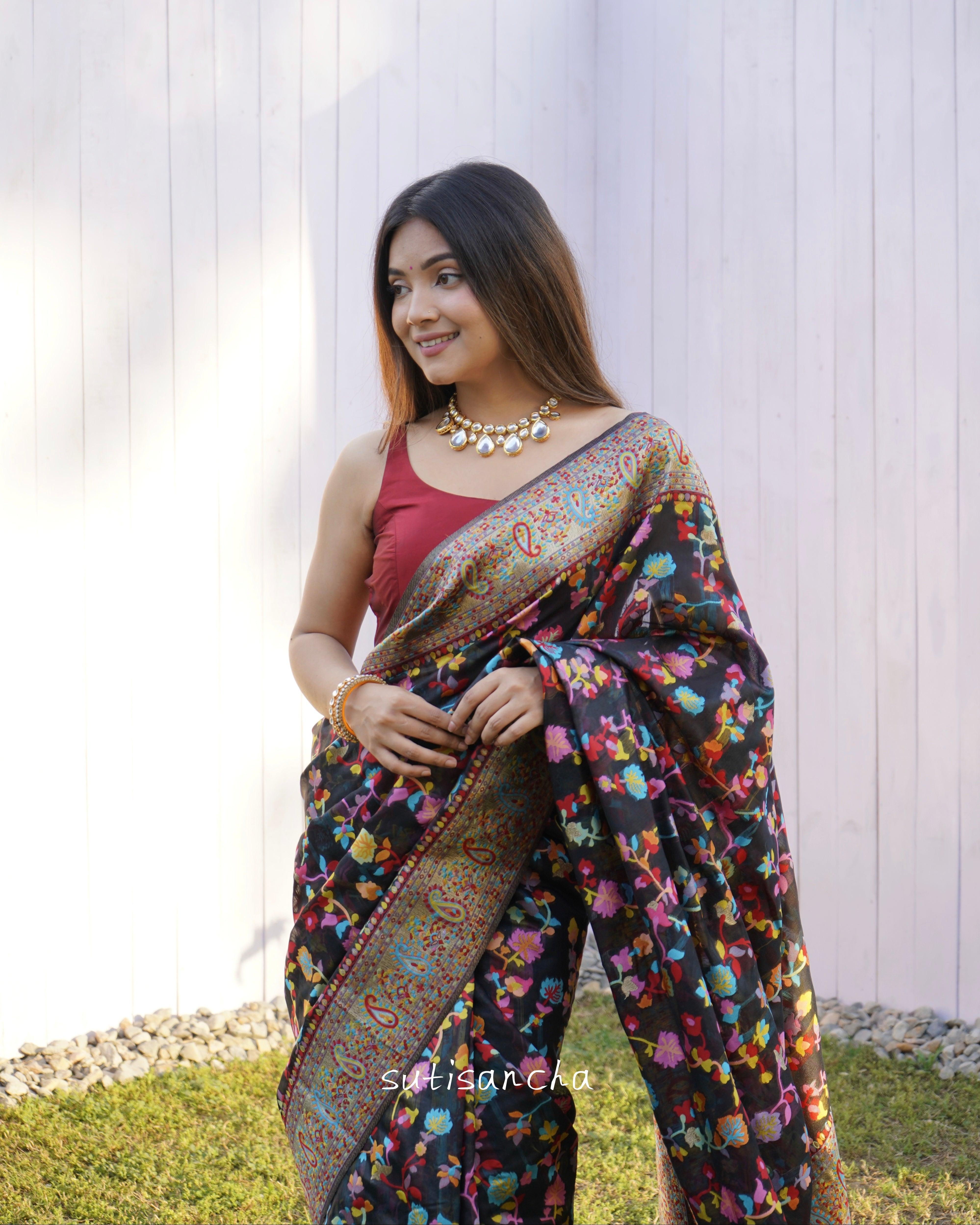 Baby Pink Colour Slub Pashmina Kashmiri Weaving Silk Saree – Orgenza Store