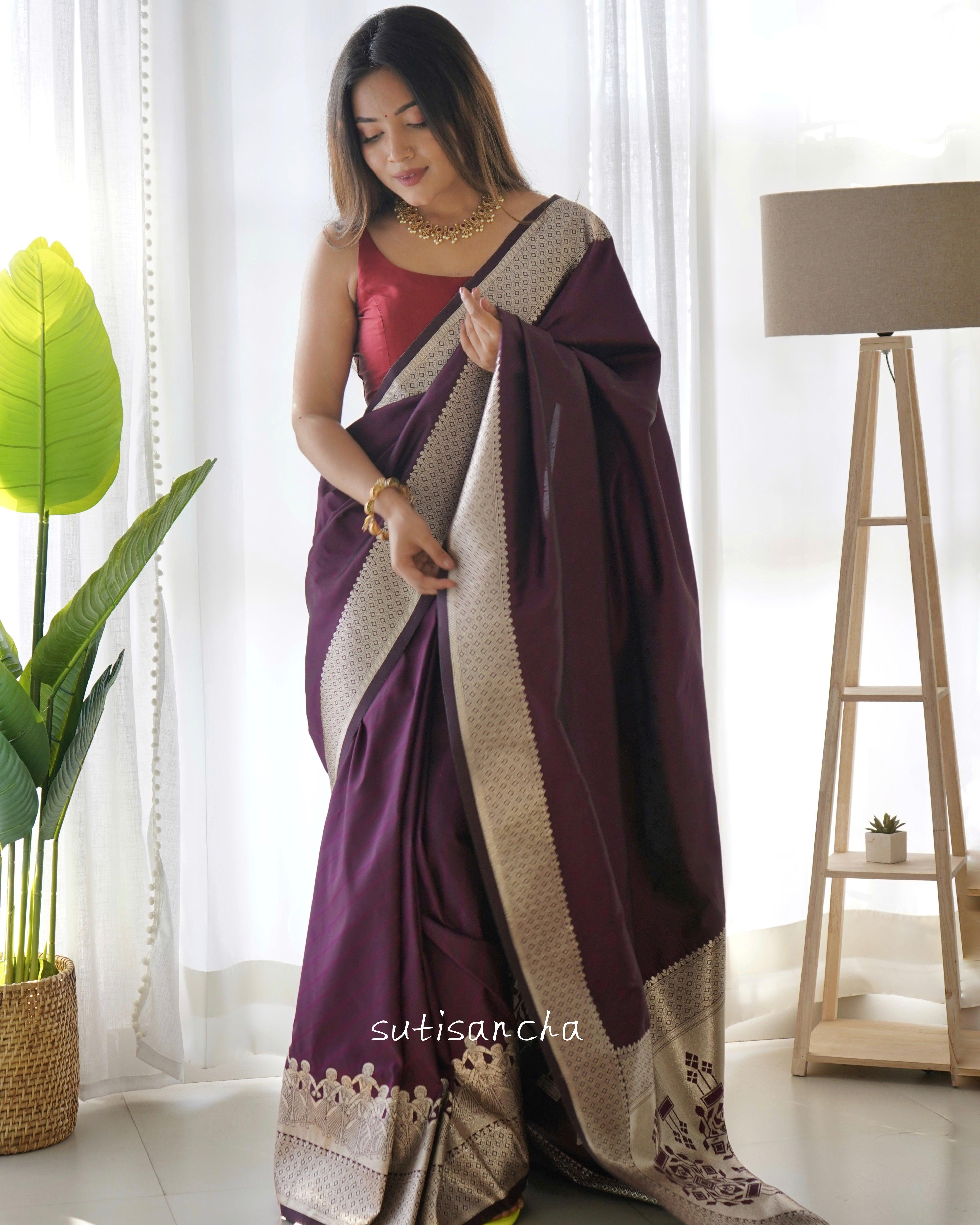 Suvarna Purple Gorgeous Silver Weaving Border Saree - Suti Sancha