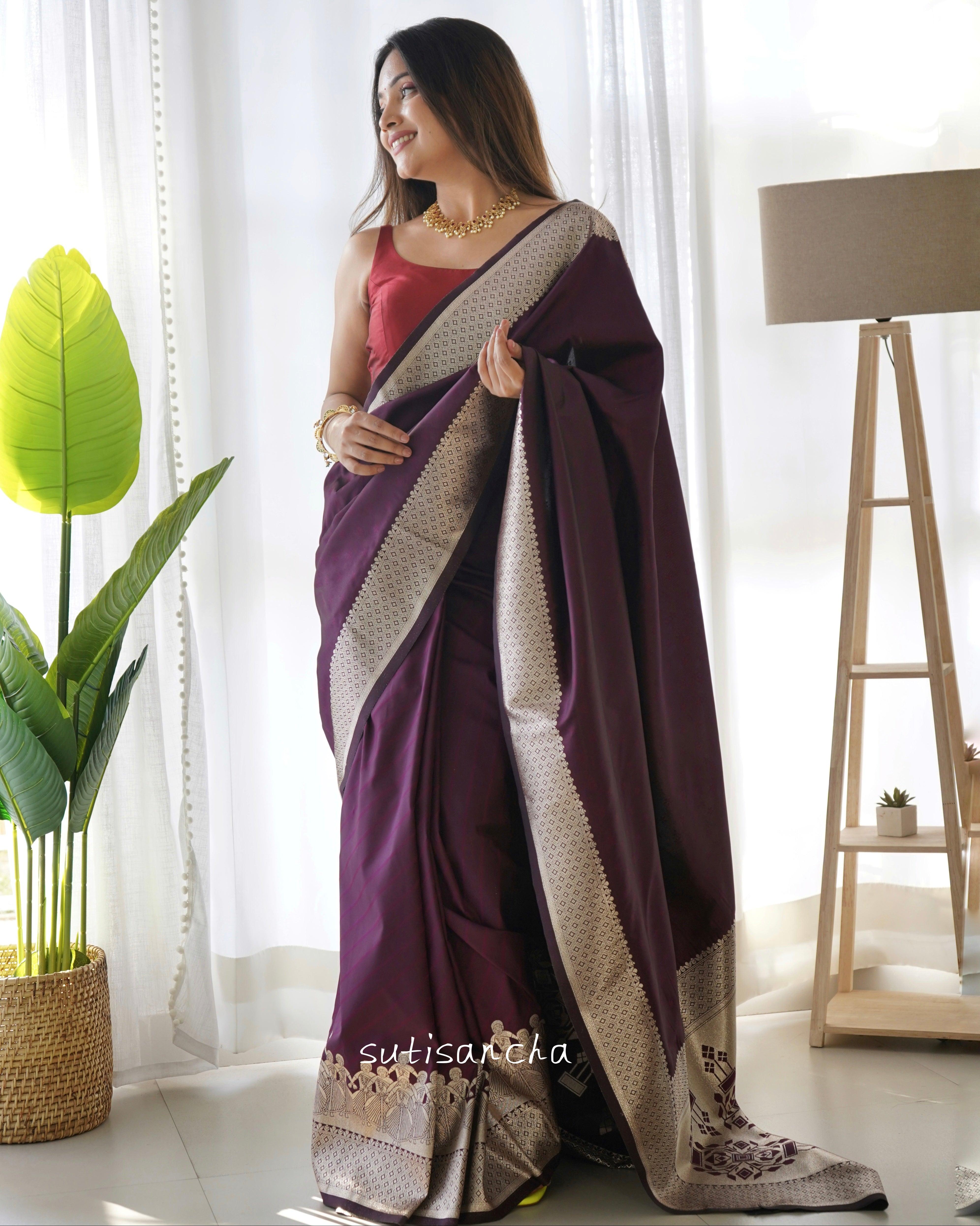 Suvarna Purple Gorgeous Silver Weaving Border Saree - Suti Sancha