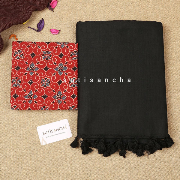 Sutisancha Black Plain Saree & Ajrakh Red Blouse