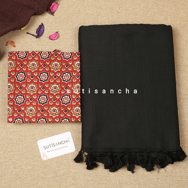 Sutisancha Black Saree with Designer Red Ajrakh Blouse