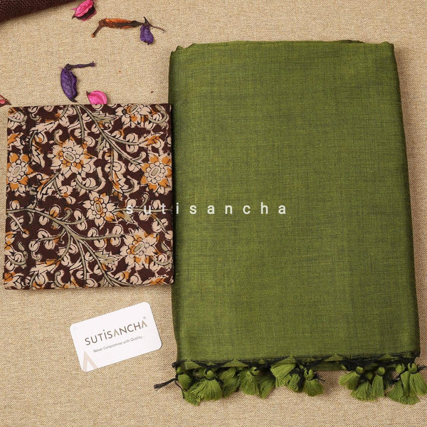 Sutisancha Mahendi Saree with Brown Cotton Blouse