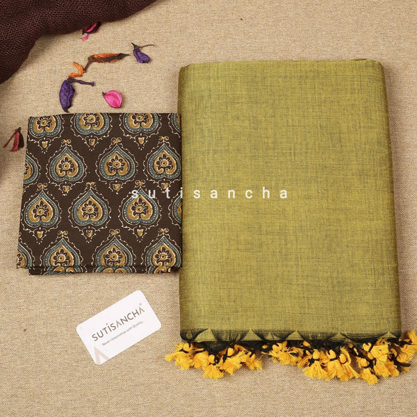 Sutisancha Mahendi Cotton Blouse & Plain Saree
