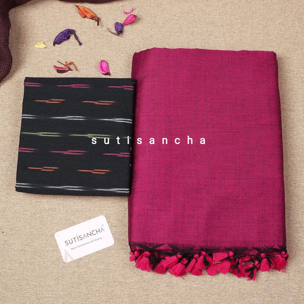 Sutisancha Multi Ikkat Blouse & Magenta Plain Saree