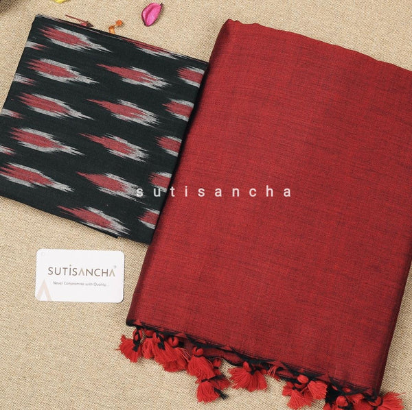 Sutisancha Red Saree with Ikkat Designer Blouse