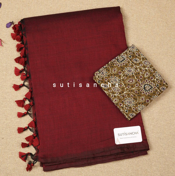 Sutisancha Maroon Plain Saree with Designer Blouse