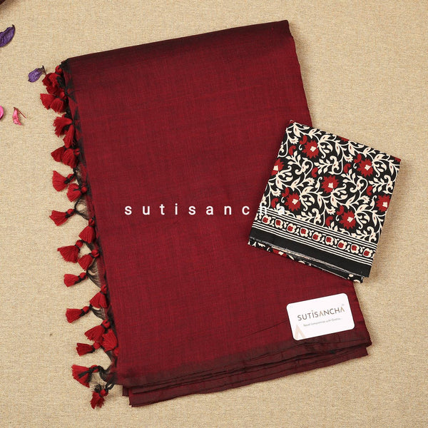 Sutisancha Traditional Maroon Plain Khadi Cotton Saree