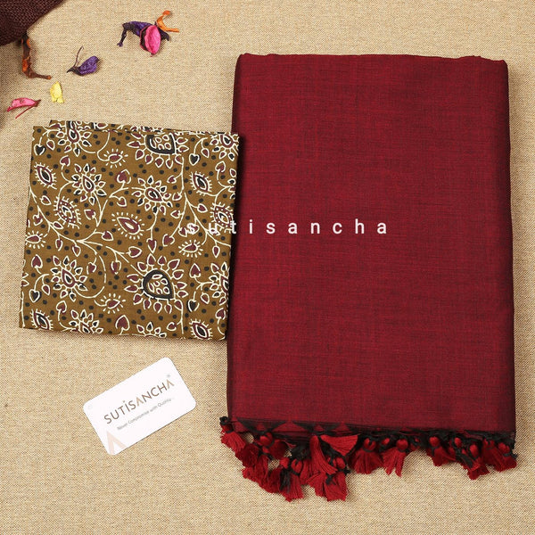 Sutisancha Maroon Plain Saree with Designer Blouse