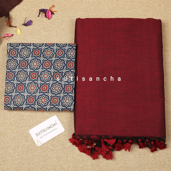 Sutisancha Maroon Saree with Ajrakh Design Blouse