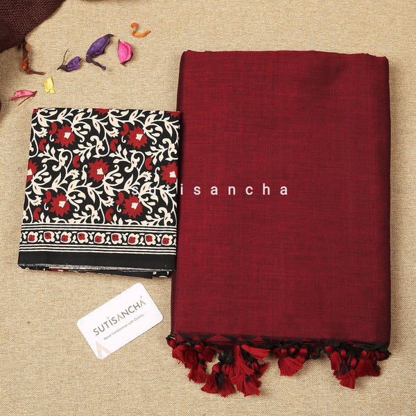 Sutisancha Traditional Maroon Plain Khadi Cotton Saree