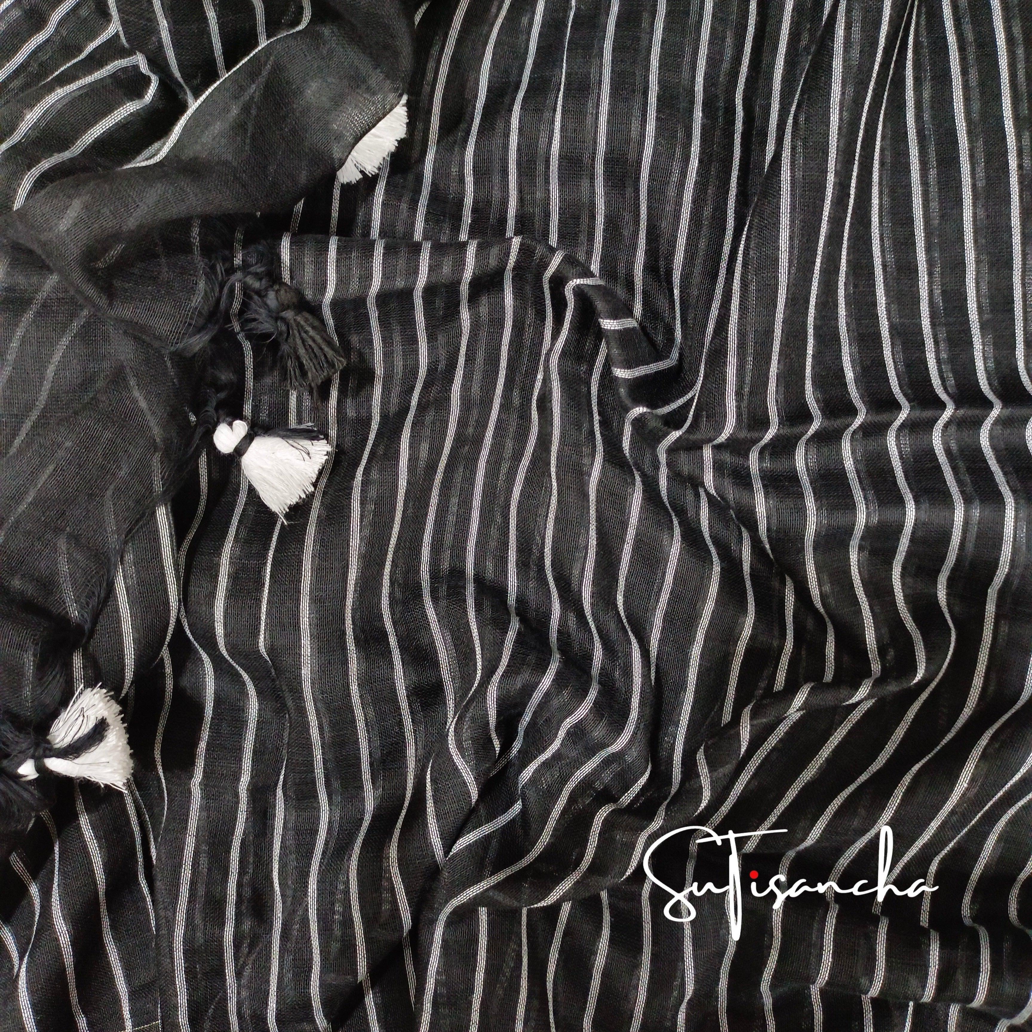Sutisancha Black Stripe with PomPom Khadi Cotton Saree - Suti Sancha