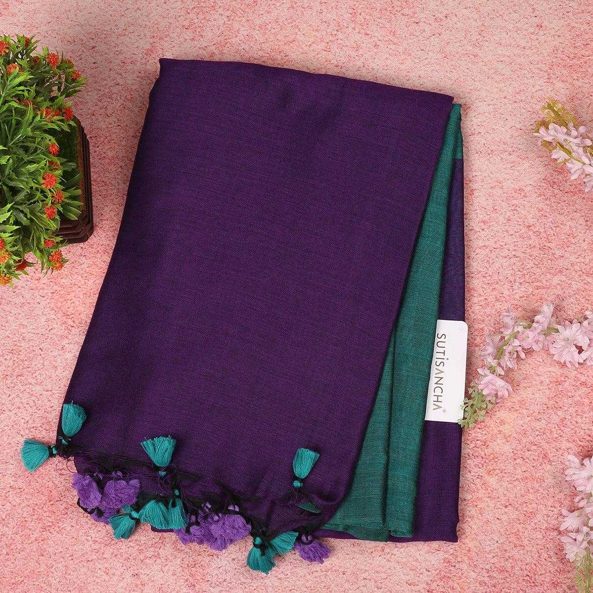 Sutisancha Purple Pallu Hand Woven Pure Khadi PomPom Saree - Suti Sancha