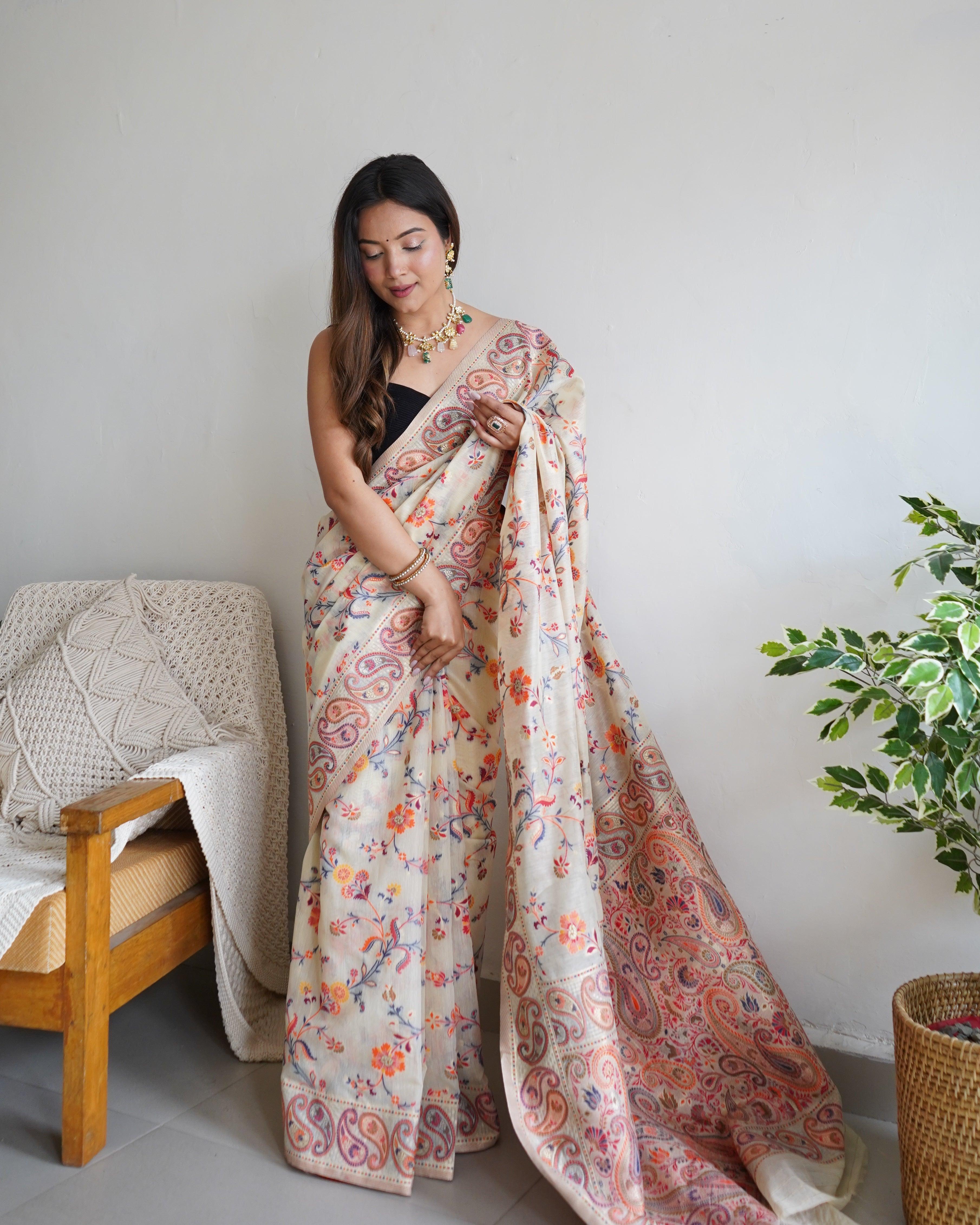 Peach Color Silk Digital Kashmiri Prints Designer Party Wear Saree -  3701149125 | Heenastyle