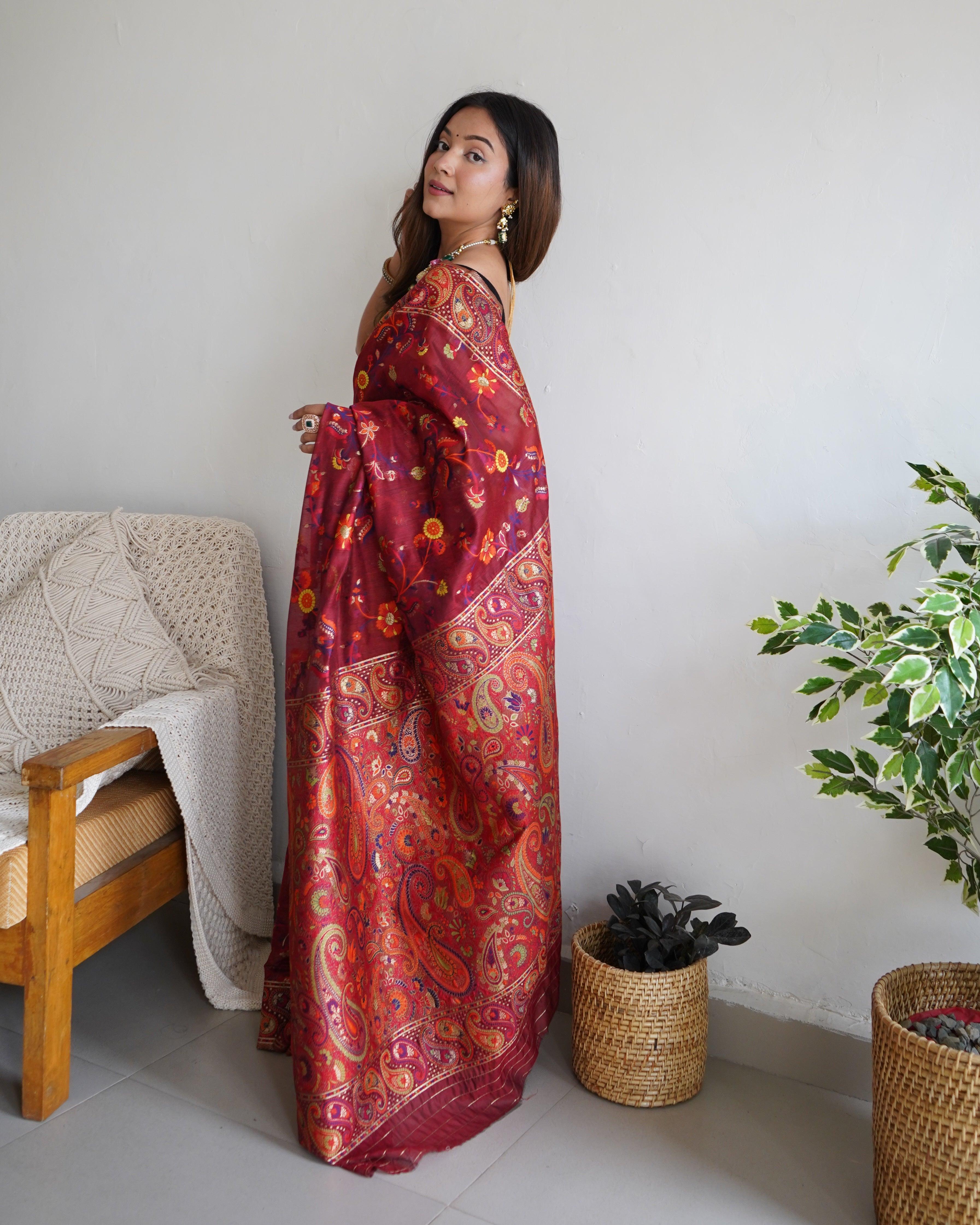 sutisancha Multi-Color Kashmiri Weaving Soft Modal Silk Saree - Suti Sancha